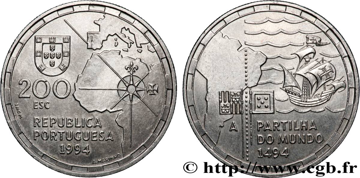 PORTUGAL 200 Escudos la partition du Monde en 1494 1994 Lisbonne AU 