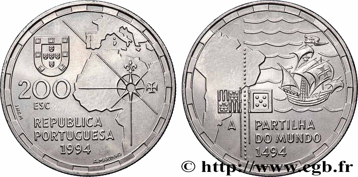 PORTUGAL 200 Escudos la partition du Monde en 1494 1994 Lisbonne SUP 