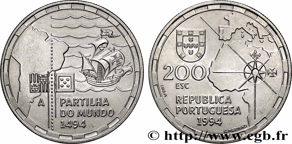 PORTUGAL 200 Escudos la partition du Monde en 1494 1994 Lisbonne SUP 
