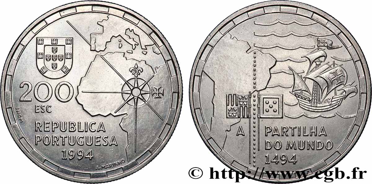 PORTUGAL 200 Escudos la partition du Monde en 1494 1994 Lisbonne EBC 