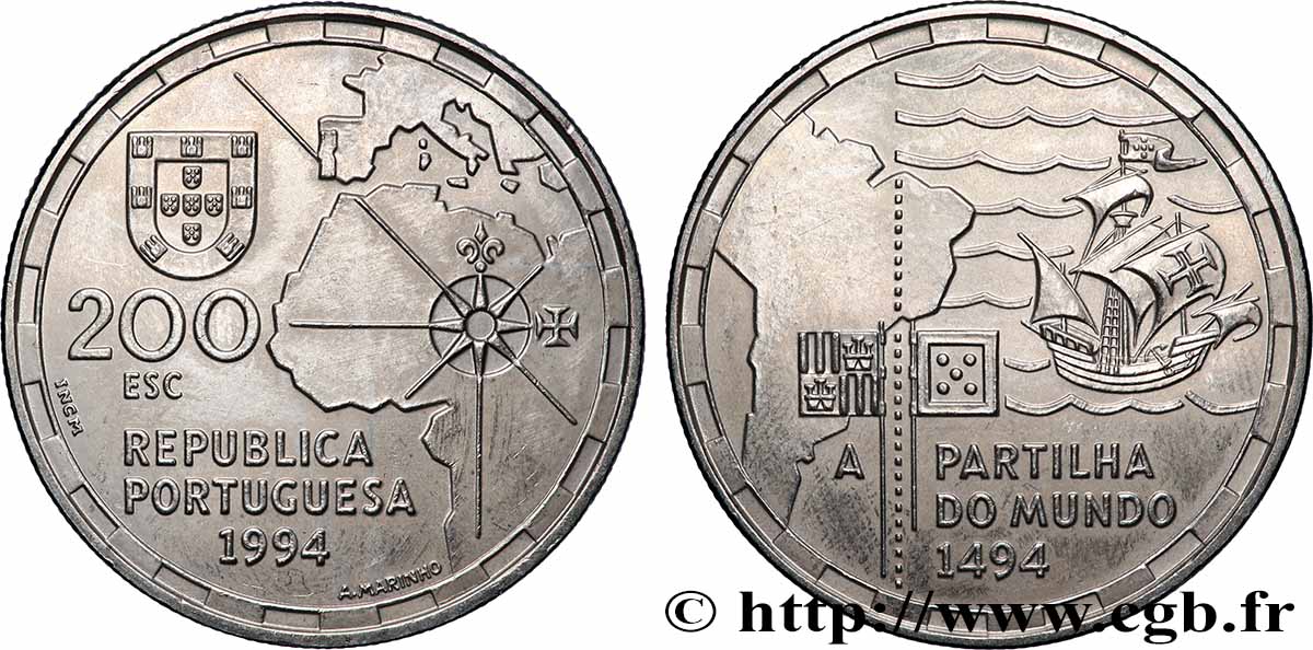 PORTUGAL 200 Escudos la partition du Monde en 1494 1994 Lisbonne SUP 