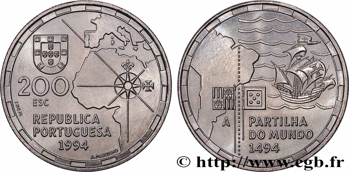 PORTOGALLO 200 Escudos la partition du Monde en 1494 1994 Lisbonne SPL 