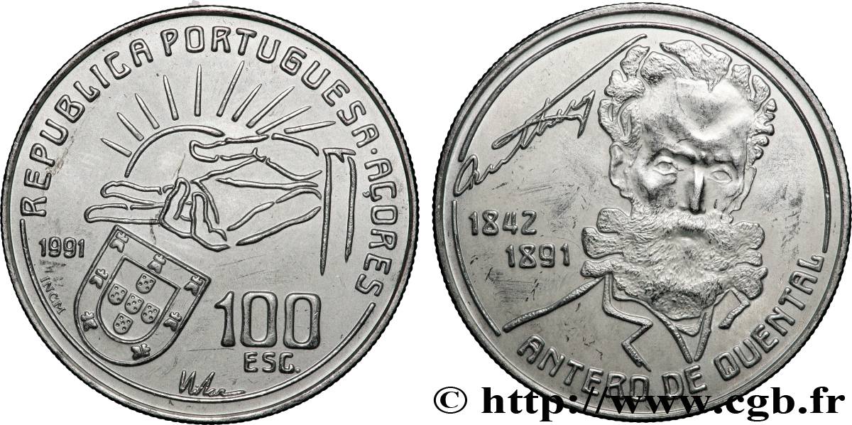 AÇORES 100 Escudos 100e anniversaire de la mort du poète Antero de Quental 1991 Lisbonne SUP 
