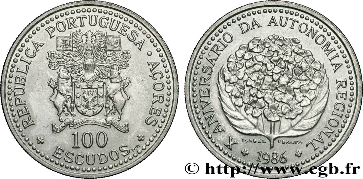 AÇORES 100 Escudos 10e anniversaire de l’autonomie régionale des Açores 1986 Lisbonne SUP 