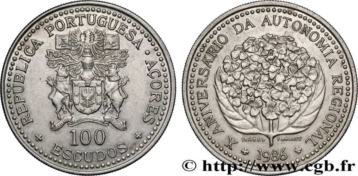 AÇORES 100 Escudos 10e anniversaire de l’autonomie régionale des Açores 1986 Lisbonne SUP 