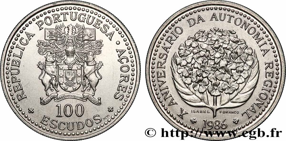 AÇORES 100 Escudos 10e anniversaire de l’autonomie régionale des Açores 1986 Lisbonne SUP 