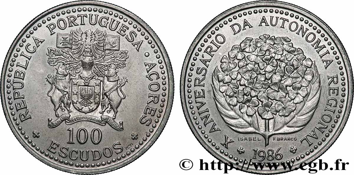 AZORES 100 Escudos 10e anniversaire de l’autonomie régionale des Açores 1986 Lisbonne AU 