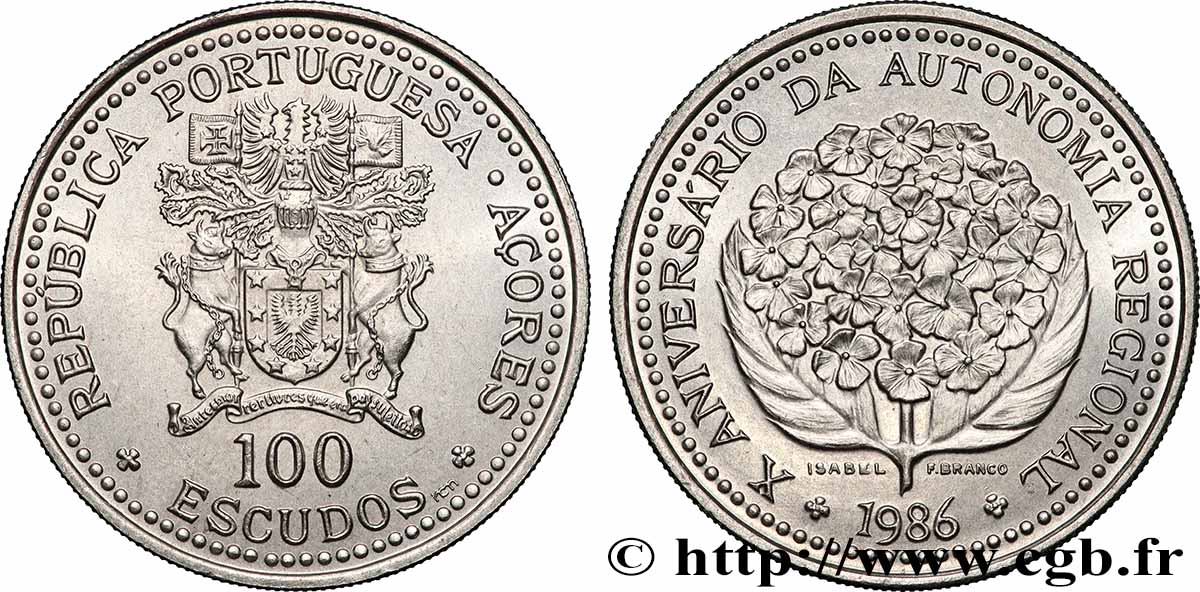 AZOREN 100 Escudos 10e anniversaire de l’autonomie régionale des Açores 1986 Lisbonne VZ 
