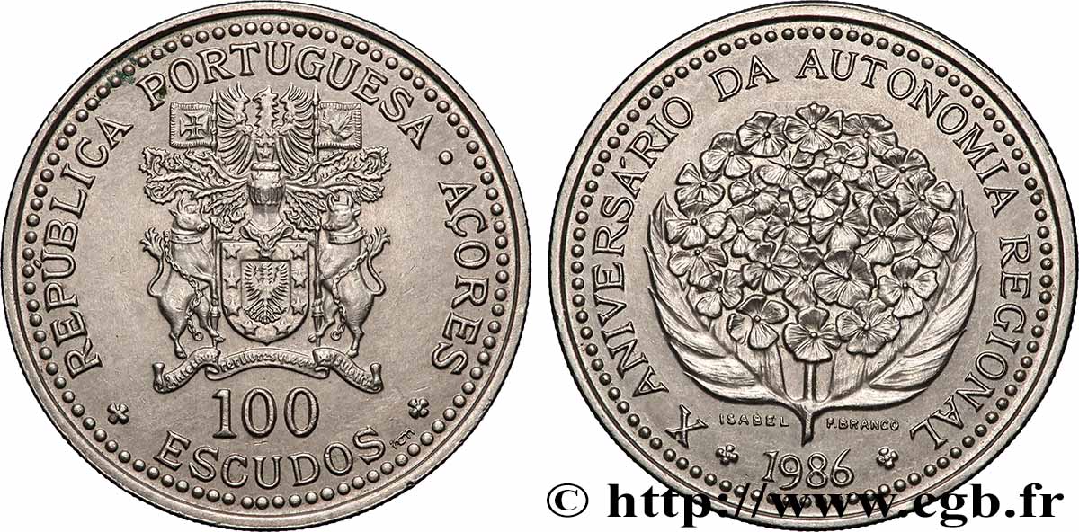 AÇORES 100 Escudos 10e anniversaire de l’autonomie régionale des Açores 1986 Lisbonne SUP 