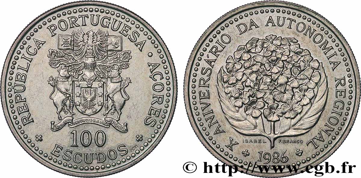 AÇORES 100 Escudos 10e anniversaire de l’autonomie régionale des Açores 1986 Lisbonne SUP 