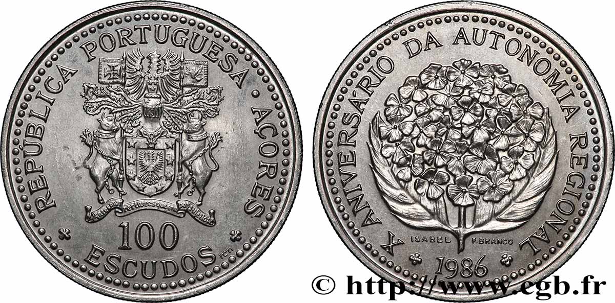 AÇORES 100 Escudos 10e anniversaire de l’autonomie régionale des Açores 1986 Lisbonne SUP 