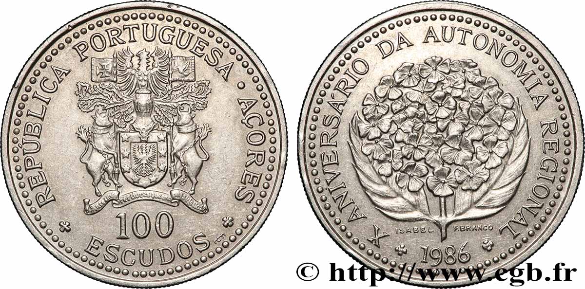 AÇORES 100 Escudos 10e anniversaire de l’autonomie régionale des Açores 1986 Lisbonne SUP 