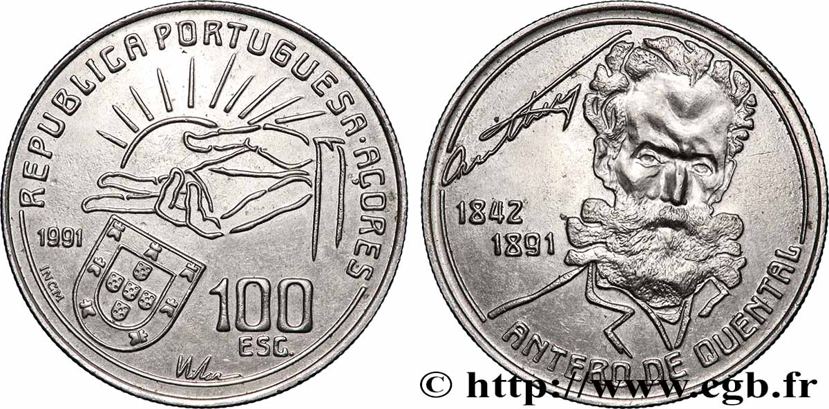 AZORES 100 Escudos 100e anniversaire de la mort du poète Antero de Quental 1991 Lisbonne AU 