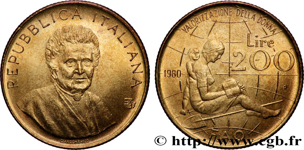 ITALIE 200 Lire F.A.O. Maria Montessori / valorisation de la femme 1980 Rome - R SUP 