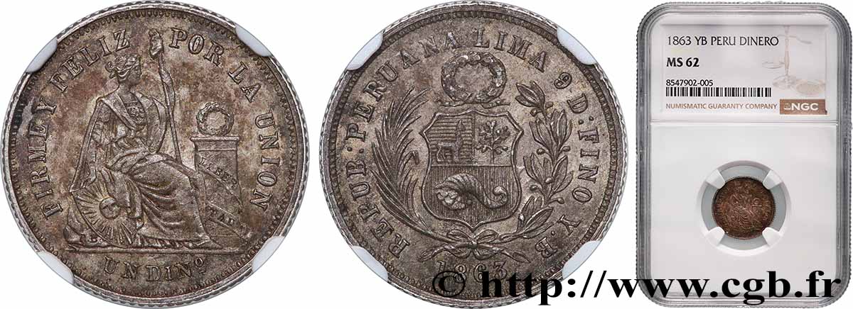 PERU 1 Dinero 1863 Lima MS62 NGC