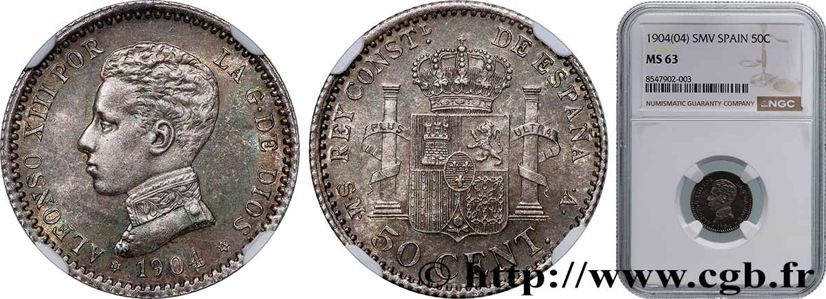 ESPAÑA - REINO DE ESPAÑA - ALFONSO XIII 50 Centimos  1904 Madrid SC63 NGC
