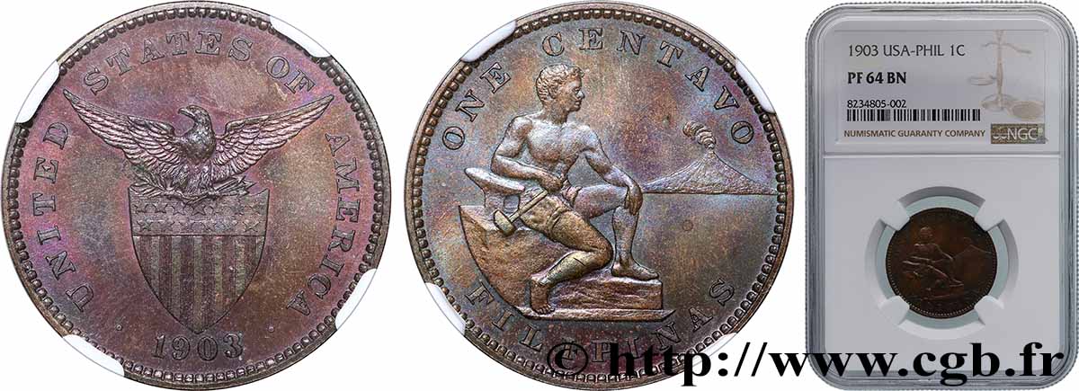 FILIPPINE 1 Centavo PROOF Administration Américaine forgeron et Mont Mayon 1903  MS64 NGC