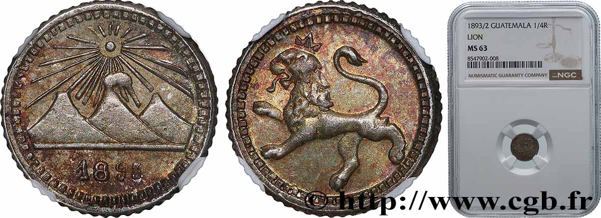 GUATEMALA 1/4 Real 1893  MS63 NGC