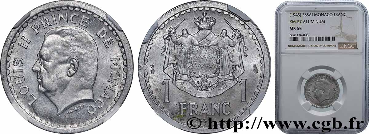 MONACO Essai de 1 Franc aluminium Louis II n.d. Paris FDC65 NGC