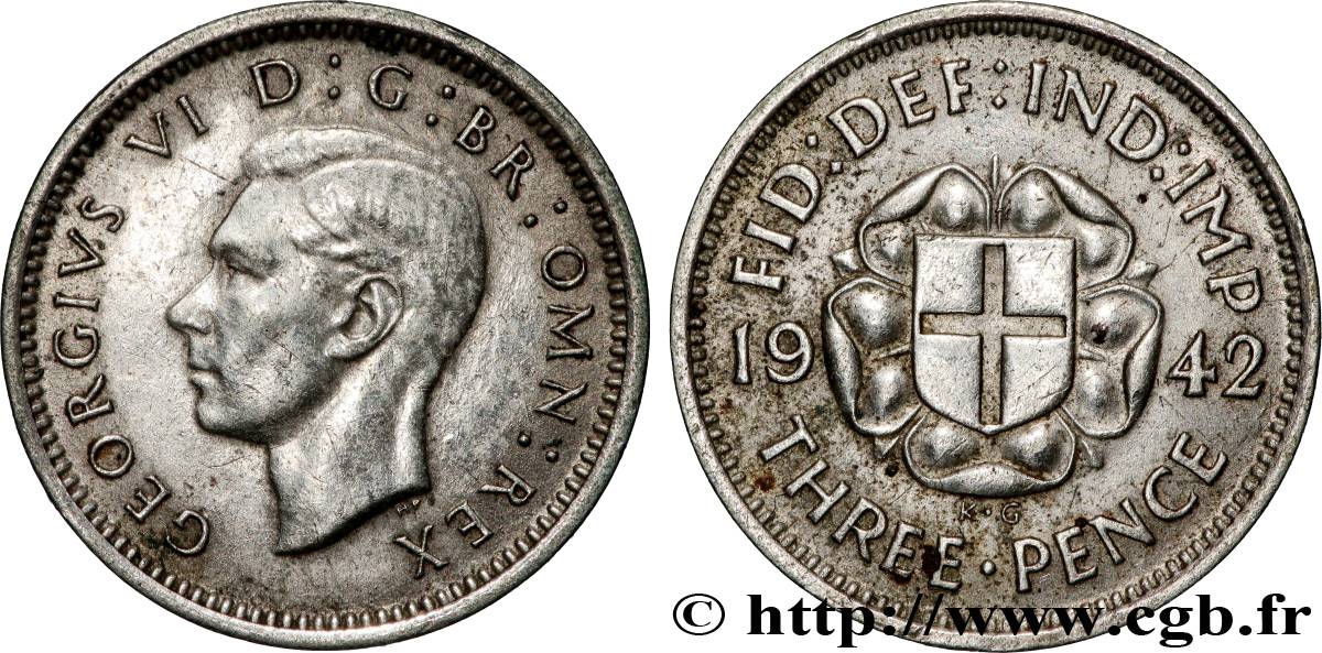 ROYAUME-UNI 3 Pence Georges VI  1942 Londres TTB 