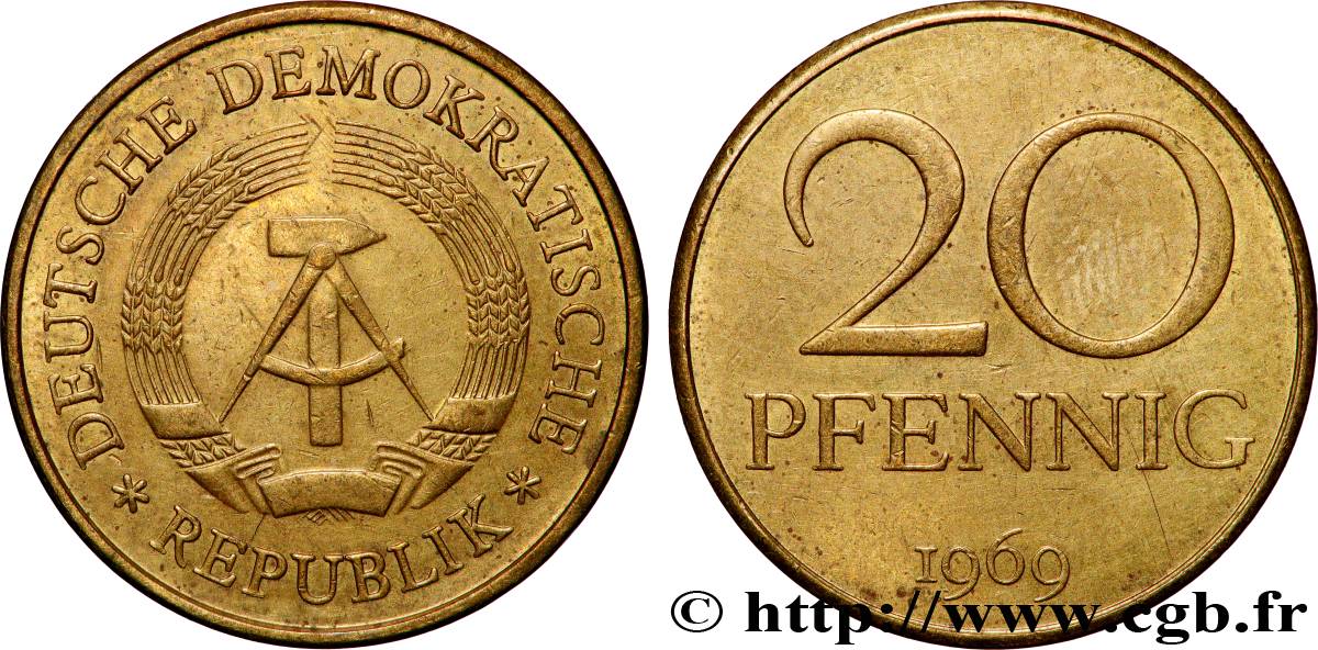 ALLEMAGNE RÉPUBLIQUE DÉMOCRATIQUE 20 Pfennig emblème de la RDA 1969 Berlin TTB+ 