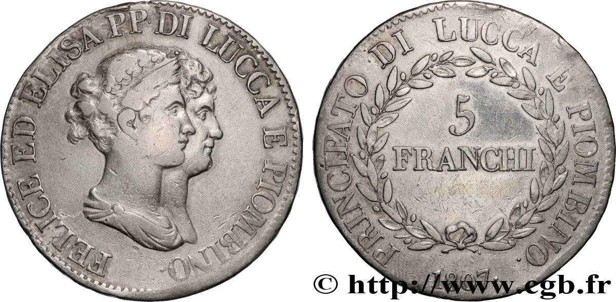 ITALIE - PRINCIPAUTÉ DE LUCQUES ET PIOMBINO - FÉLIX BACCIOCHI et ÉLISA BONAPARTE 5 Franchi 1807 Florence TB+ 