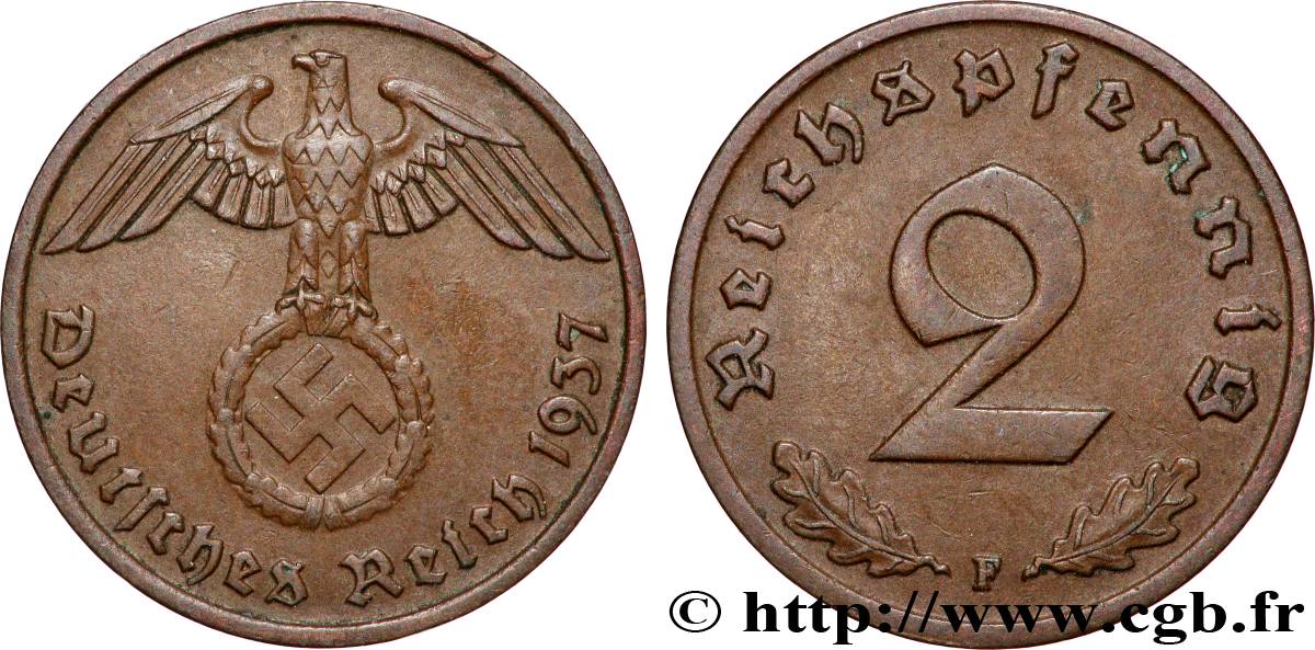 GERMANY 2 Reichspfennig 1937 Stuttgart - F XF 