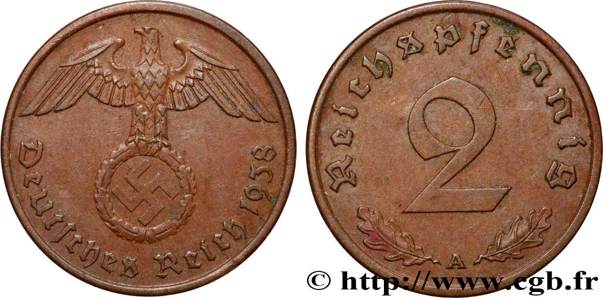 DEUTSCHLAND 2 Reichspfennig 1938 Berlin fVZ 