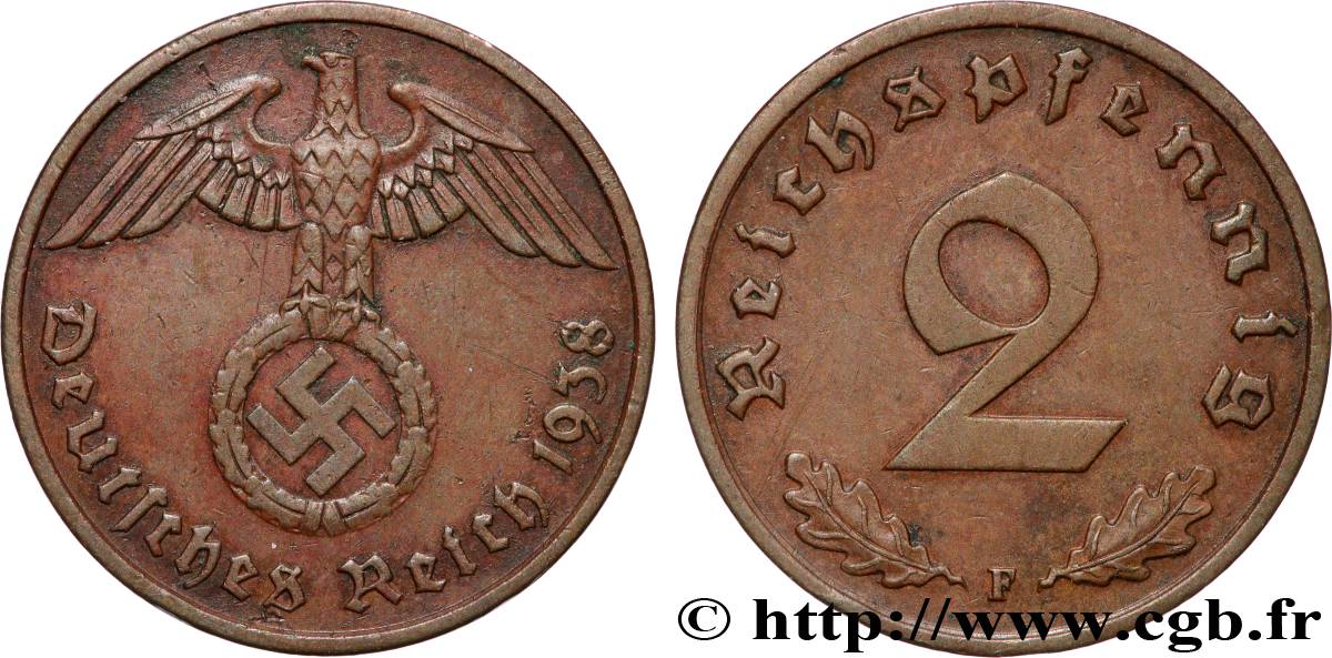 ALLEMAGNE 2 Reichspfennig 1938 Stuttgart - F TTB+ 