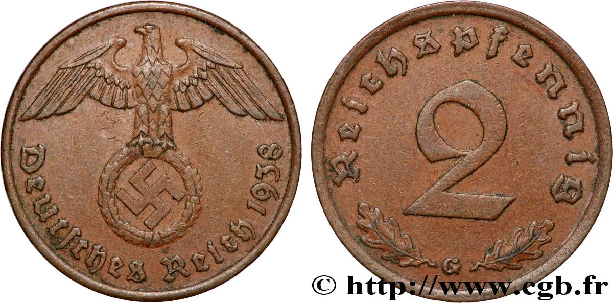 DEUTSCHLAND 2 Reichspfennig 1938 Karlsruhe fVZ 