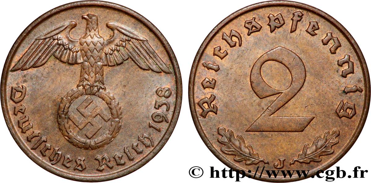 GERMANY 2 Reichspfennig 1938 Hambourg AU 