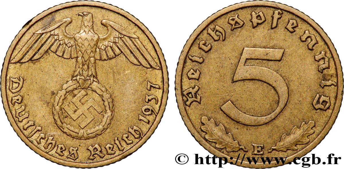 ALLEMAGNE 5 Reichspfennig aigle surmontant une swastika 1937 Muldenhütten - E TTB+ 
