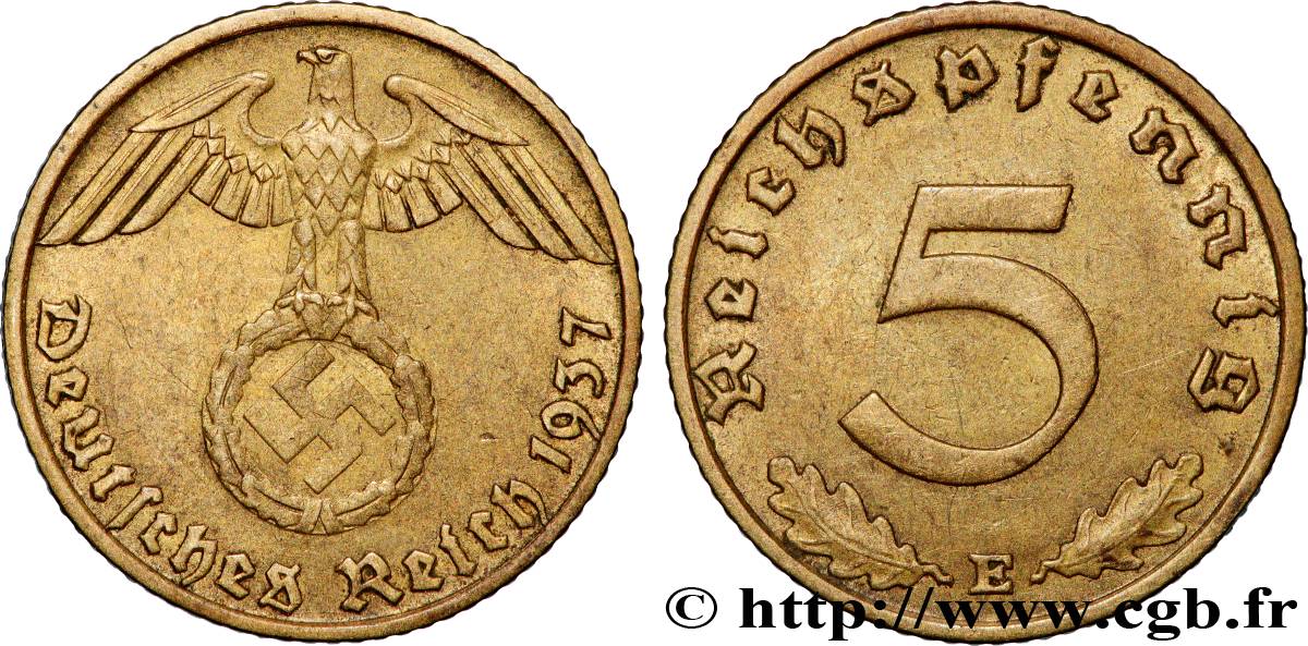 DEUTSCHLAND 5 Reichspfennig aigle surmontant une swastika 1937 Muldenhütten - E fVZ 