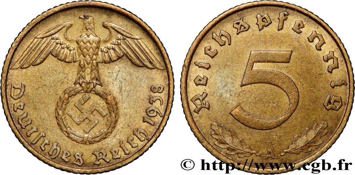 ALLEMAGNE 5 Reichspfennig aigle surmontant une swastika 1938 Berlin TTB+ 