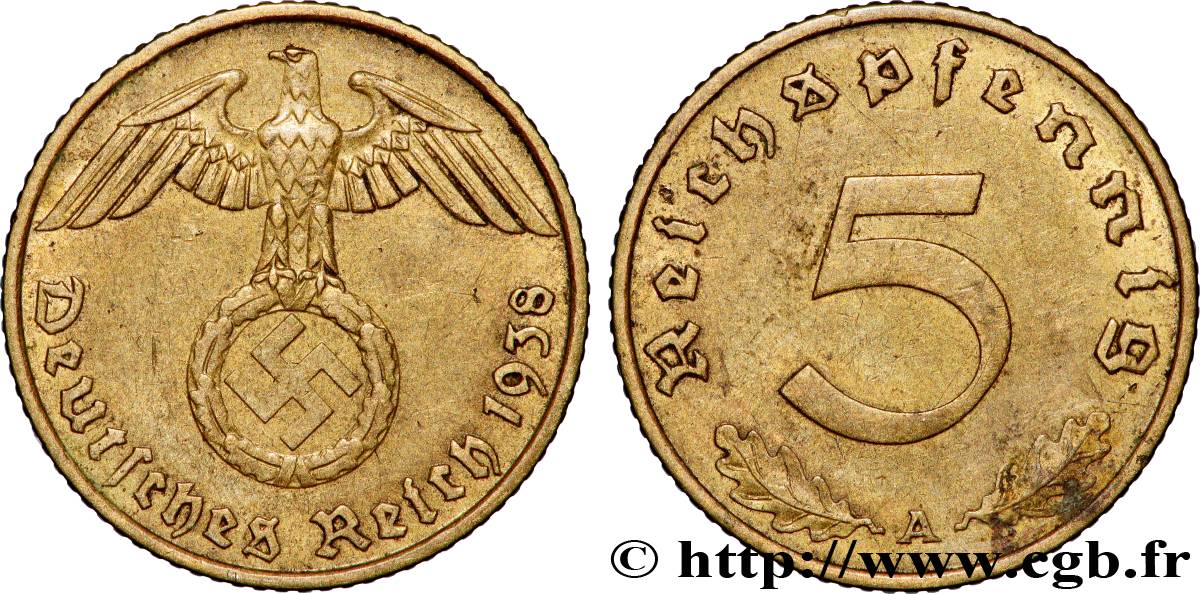 ALLEMAGNE 5 Reichspfennig aigle surmontant une swastika 1938 Berlin TTB 
