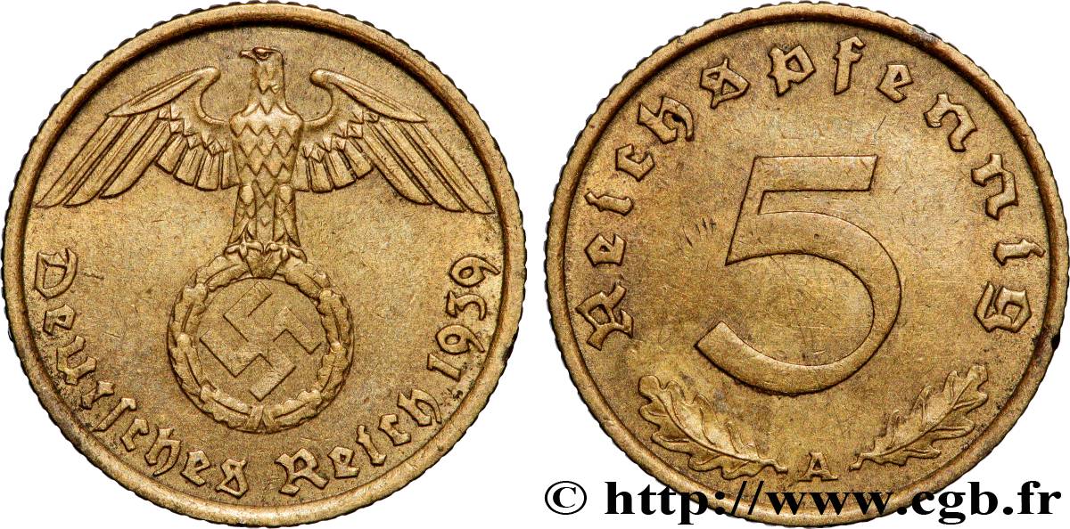 GERMANIA 5 Reichspfennig aigle surmontant une swastika 1939 Berlin BB 