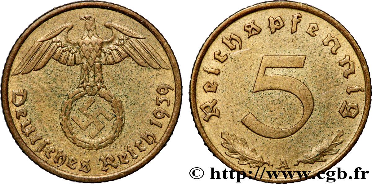 DEUTSCHLAND 5 Reichspfennig aigle surmontant une swastika 1939 Berlin SS 