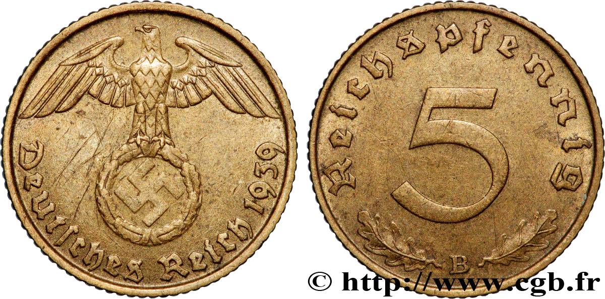 DEUTSCHLAND 5 Reichspfennig aigle surmontant une swastika 1939 Vienne - B SS 