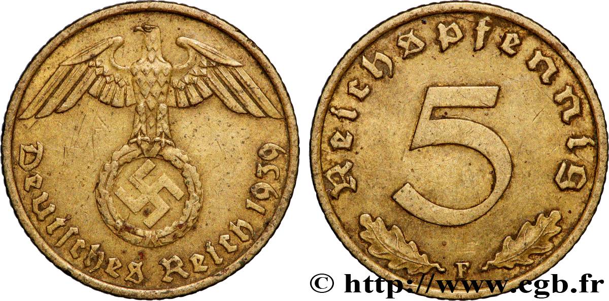 ALEMANIA 5 Reichspfennig aigle surmontant une swastika 1939 Stuttgart - F EBC 