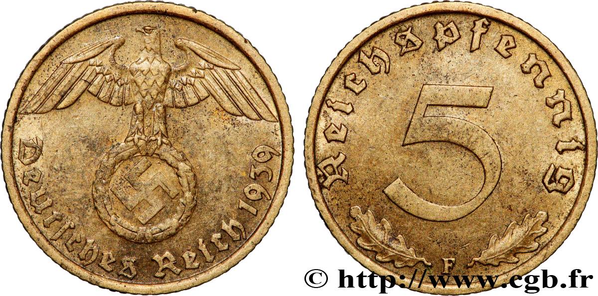 GERMANY 5 Reichspfennig aigle surmontant une swastika 1939 Stuttgart - F AU 