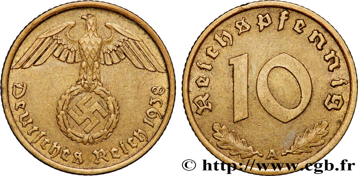 ALLEMAGNE 10 Reichspfennig aigle surmontant une swastika 1938 Berlin TTB+ 
