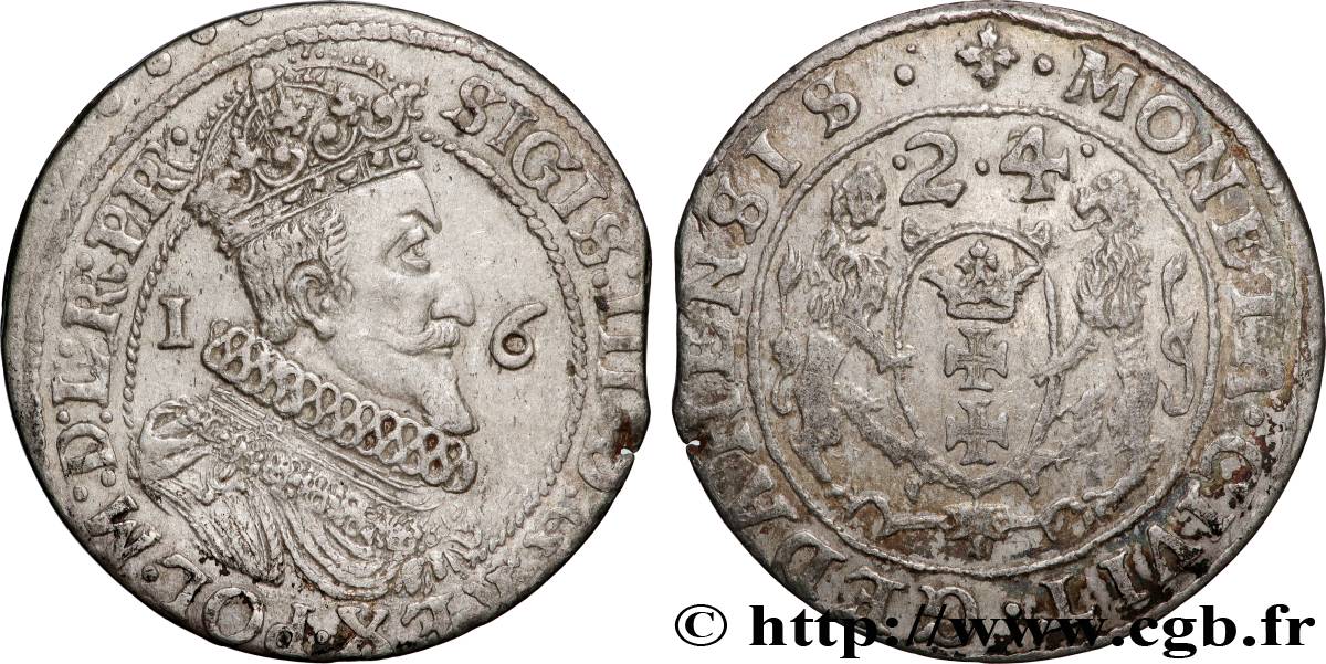 POLOGNE 1/4 de Thaler Sigismond III Vasa 1624 Dantzig TTB 