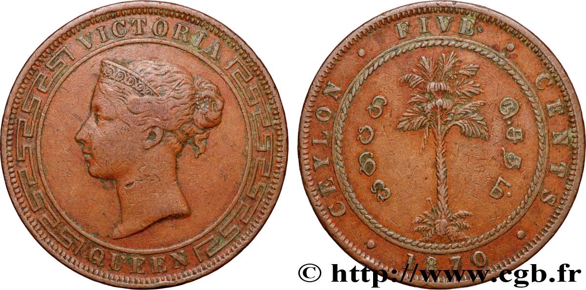 CEYLON 5 Cents Victoria 1870 Calcutta VF 