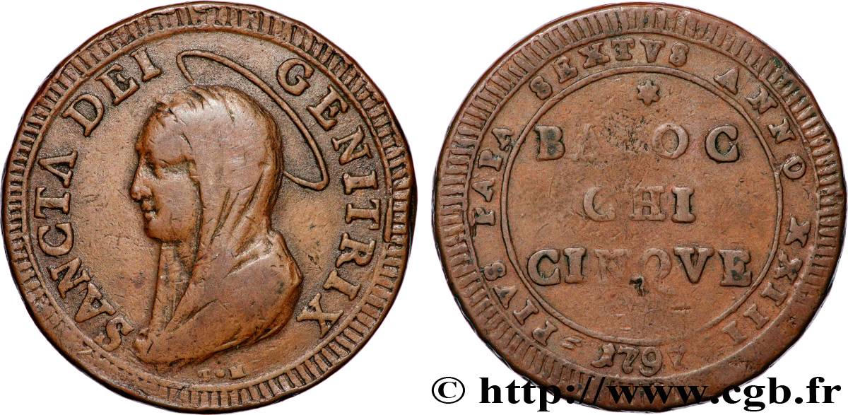 ITALIE - ÉTATS DU PAPE - PIE VI (Jean-Ange Braschi) 5 Baiocchi an XXIII 1797 Rome TB+ 
