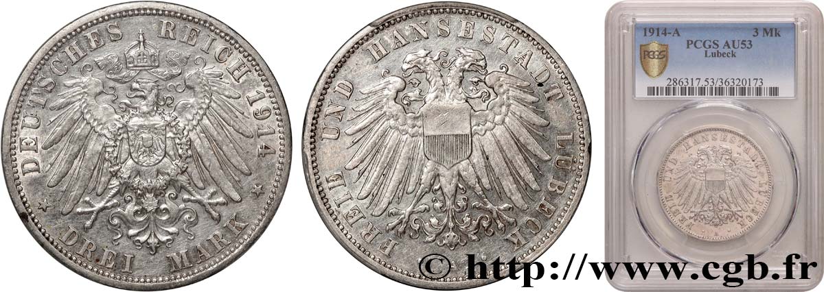 GERMANY - FREE CITY OF LÜBECK 3 Mark armes de la ville 1914 Berlin AU53 PCGS
