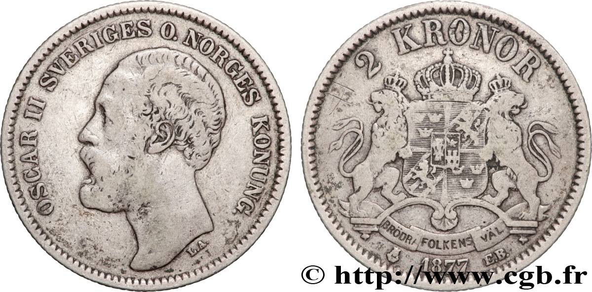 SUÈDE 2 Kronor Oscar II 1877  TB+ 