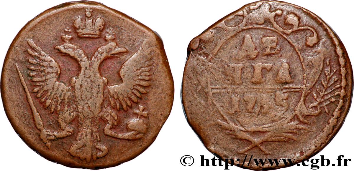 RUSIA 1 Denga (1/2 Kopeck) aigle bicéphale 1735 Moscou ou Ekaterinbourg BC+ 