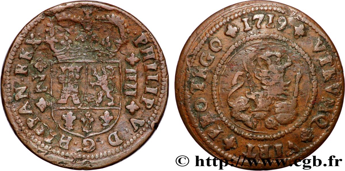 ESPAGNE - ROYAUME D ESPAGNE - PHILIPPE V DE BOURBON 4 Maravedis 1719 Ségovie TTB 