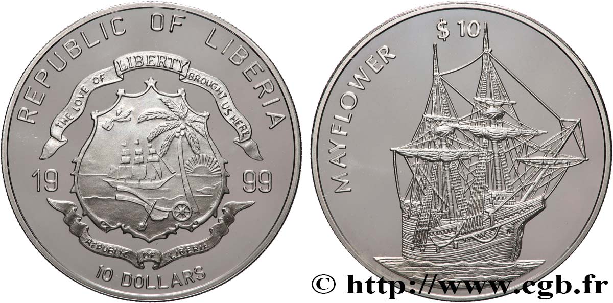 LIBERIA 10 Dollars Proof Voilier Mayflower 1999  FDC 