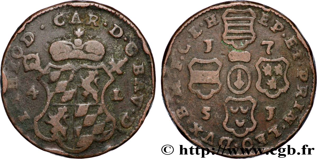 BELGIQUE - PRINCIPAUTÉ ÉPISCOPALE DE LIÈGE 4 Liards Évéché de Liège frappe au nom de Jean-Théodore de Bavière 1751 Liège TB 